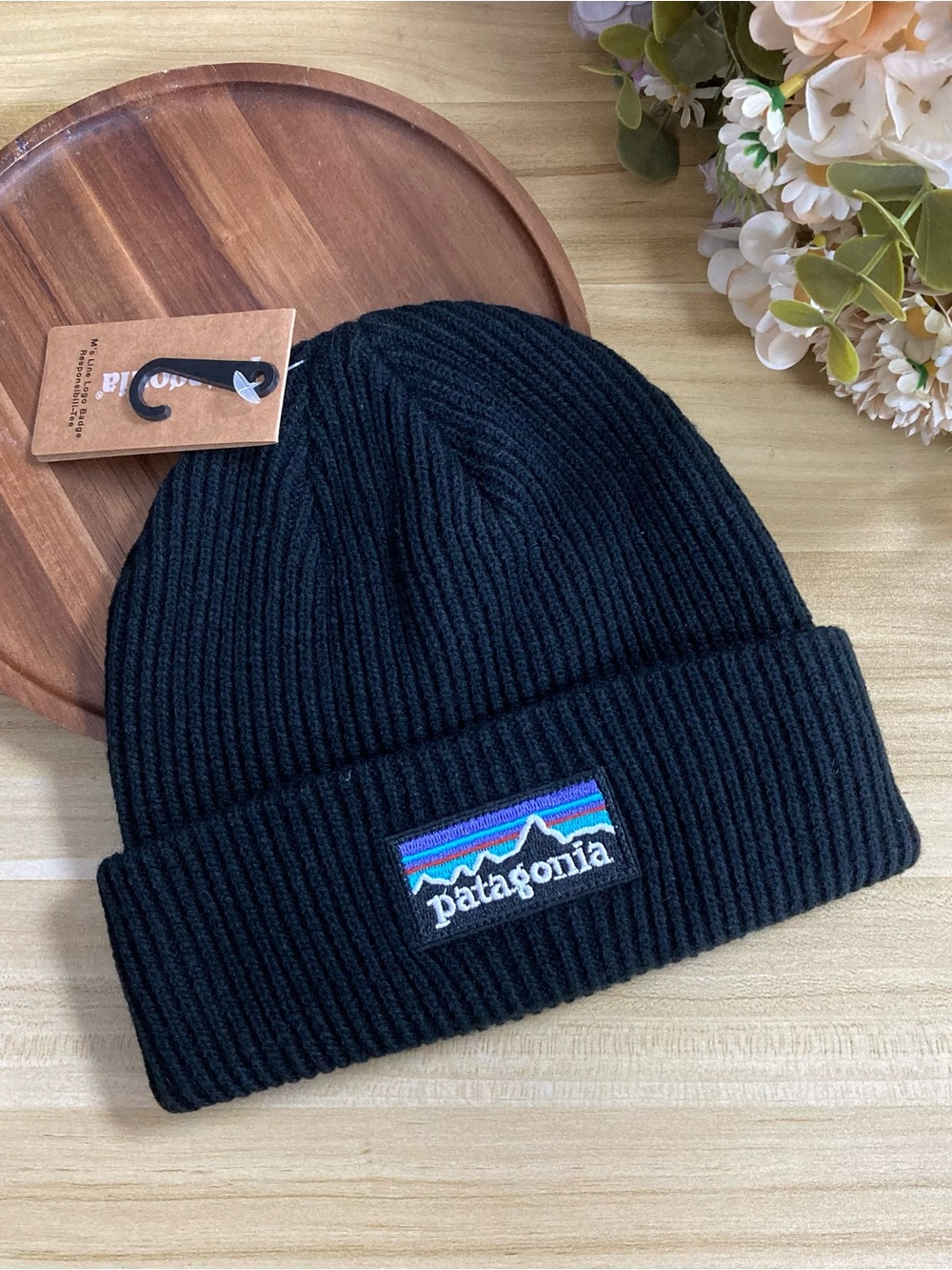 Patagonia Black Ribbed Cuffed Beanie with Multicolor Logo